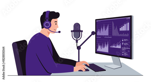 Man Working on Computer with Microphone and Headset.