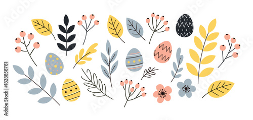 Charming collection of hand drawn easter eggs, spring flowers, leaves, and berries in a minimalist scandinavian style with a pastel color palette for festive holiday design