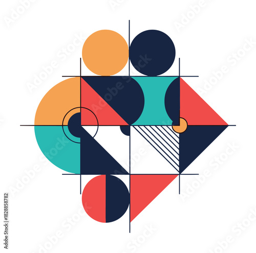 Colorful geometric abstract composition with circles, triangles, and lines in a minimalist bauhaus style, featuring a modern palette of red, blue, orange, and teal for a clean design