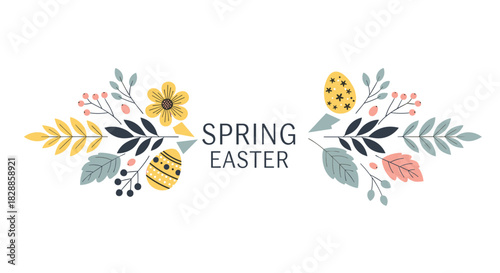Spring easter festive banner with decorative flowers, painted eggs, leaves, and berries arranged symmetrically in a modern scandinavian folk art illustration