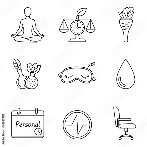 Wellness, health, balance and self-care line icons collection isolated on white background, Vector