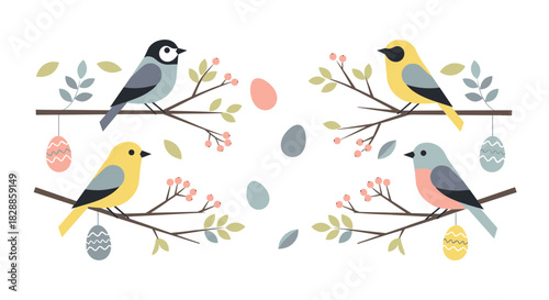 Four colorful cartoon birds sitting on branches with hanging easter eggs and berries in a charming flat design illustration for a spring holiday celebration