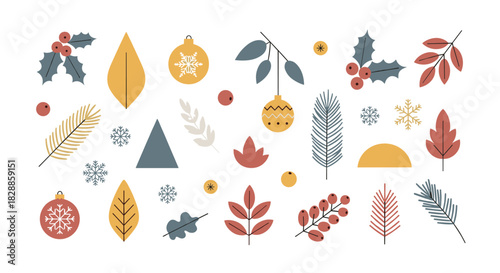 Collection of minimalist christmas holiday elements featuring festive baubles, snowflakes, holly berries, and winter foliage in a modern, muted color palette for seasonal design