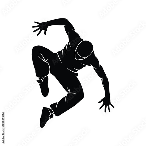 Dynamic black silhouette of a person in mid air performing a parkour jump or dance move