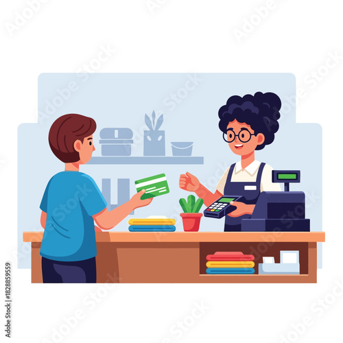 Convenient cashless payments at trendy retail shop with friendly cashier