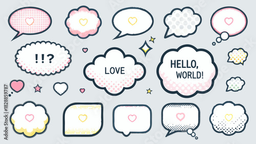 Colorful speech bubbles and thought clouds with hearts and text elements