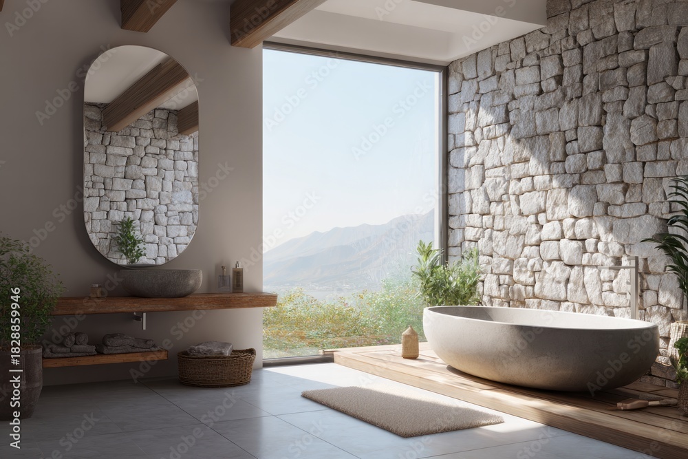 Fototapeta premium Modern bathroom features a soaking tub and stone wall with mountain views.