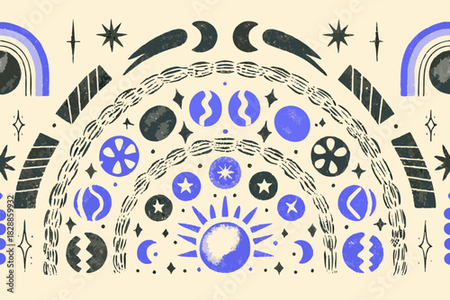 Celestial shapes and abstract moon phases create a mystical decorative pattern
