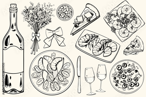 A charming sketch showcasing a delightful arrangement of food and drinks