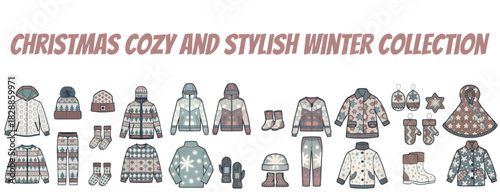 Illustration of a christmas cozy and stylish winter collection featuring apparel and accessories items laid out