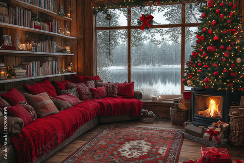 Digital Background, Cozy Christmas cabin interior with fireplace, tree, and snowy lake view, MS Teams Background, Christmas Background