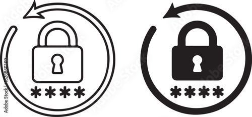 Digital security password reset icon with padlock, masked password, and refresh arrow within a circle, symbolizing secure account update and data protection. isolated on white background