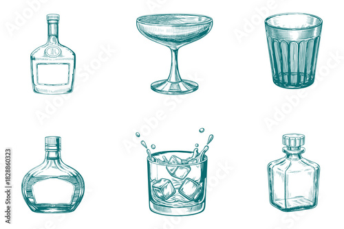 whiskey isolated drink set illustration. Scotch, brandy or liquor alcohol drinks. Eps 10