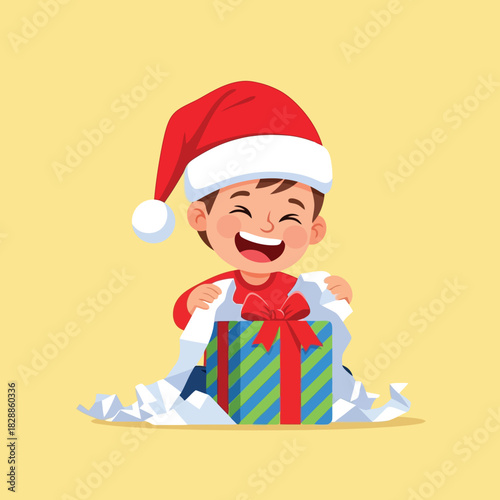 Excited child opening Christmas gift box with Santa hat and happy smile