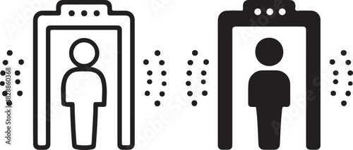 Security check icon with a person passing through a metal detector gate, symbolizing airport safety, access control, and hazard detection. isolated on white background
