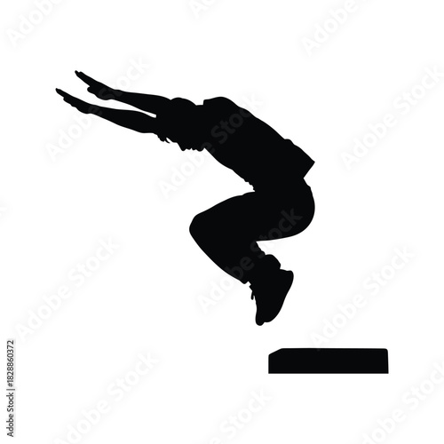Dynamic silhouette of a person performing a parkour jump over a low obstacle against a white background