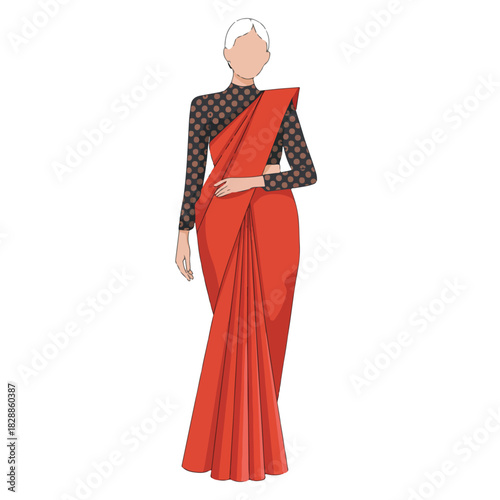 Red fashion model in traditional dress and hat illustration