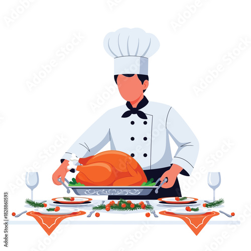 Professional chef serving delicious Thanksgiving turkey dinner for family