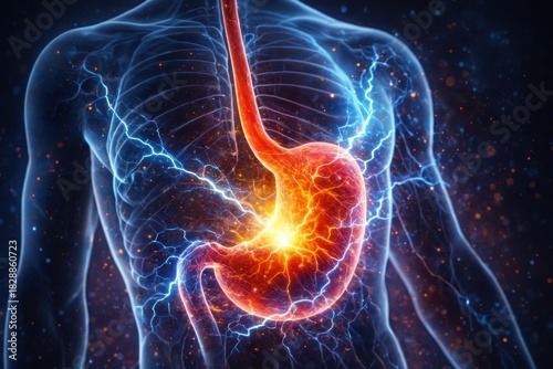 Digital anatomy of the main body organ, the stomach, with intense light at that point, emphasizing poor activity or metabolism due to GERD or ulcers.