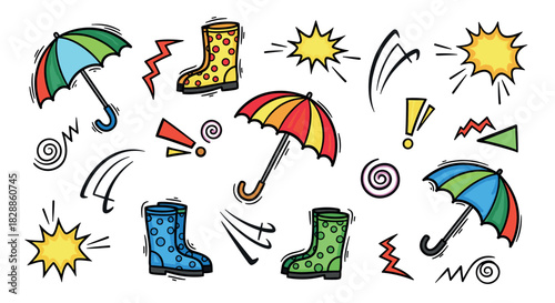 Colorful collection of hand-drawn doodle illustrations featuring playful umbrellas, polka dot rain boots, and various comic-style weather symbols like lightning and sunbursts