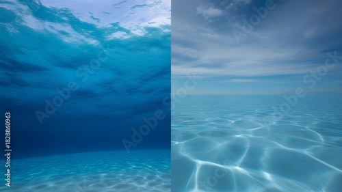Fototapeta Naklejka Na Ścianę i Meble -  A split background half underwater blue, half sky blue. Copy space in the center.