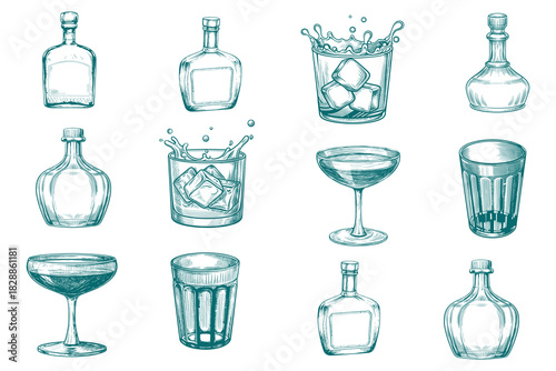 Whiskey bottles and glass, vector sketch illustration. Pure mineral drinking water in glass cup and jug. Vector sketch illustration.