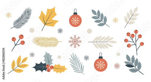 Collection of winter and christmas design elements including leaves, berries, snowflakes, and ornaments in a modern flat vector style for festive holiday decoration