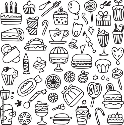 Monochrome dessert doodle background pattern with sweets
