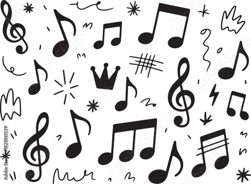 Musical notes and symbols doodle pattern background