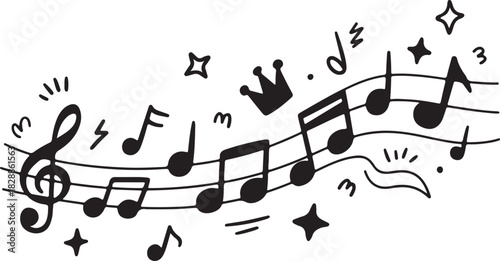 Musical notes doodle with crown and stars