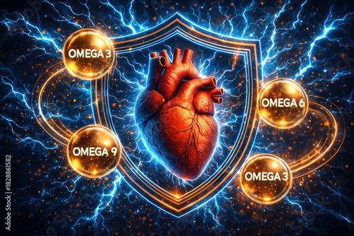 Heart health shows a healthy, shining, strong human heart, protected by a shield of Omega-3, 6, and 9 fatty acids in the background.