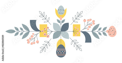 Decorative easter folk art ornament with stylized eggs, leaves, and berries in a symmetrical composition, featuring a modern flat vector design with a gentle pastel color palette
