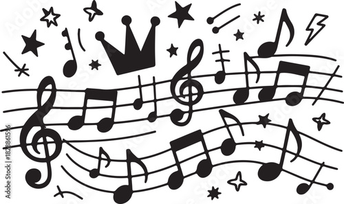 Hand Drawn Music Notes Stars and Crown