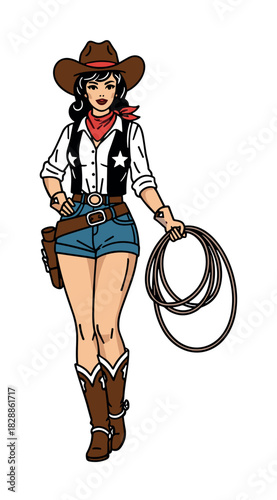 Beautiful illustrated cowgirl character in a hat, vest, and shorts stands confidently holding a lasso in a classic american western pin-up style