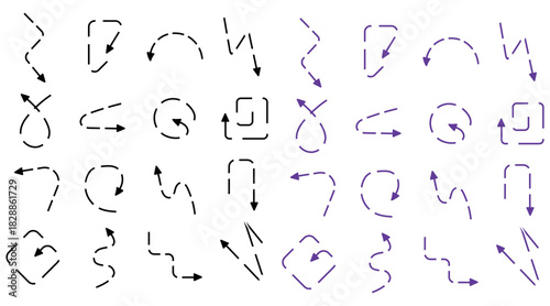 Collection of dotted outline arrows in various directions for graphic design and presentations to indicate movement and direction for user interfaces