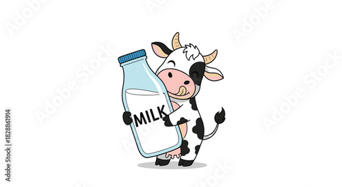A cute cartoon cow with black and white spots happily hugs a bottle of milk, licking its lips with excitement for the fresh dairy drink.