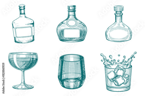 engrave isolated drink set vector illustration. Scotch, brandy or liquor alcohol drinks. Bar menu design elements. Eps 10