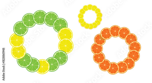 Vibrant circular arrangements of fresh lime, lemon, and orange fruit slices, perfect for a refreshing and healthy design theme.