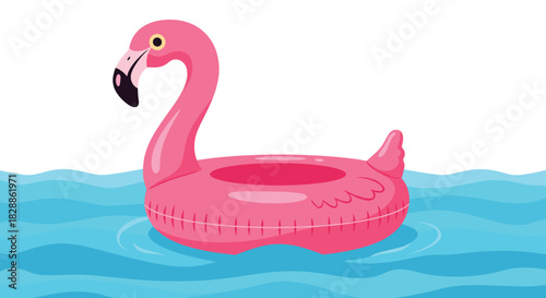 A cheerful pink flamingo inflatable float drifts serenely on the sparkling blue water, perfect for a sunny summer day.