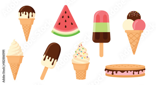 A delightful assortment of summer treats featuring various ice cream cones, popsicles, an ice cream sandwich, and a refreshing slice of watermelon.