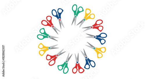 A vibrant circle of colorful scissors with open blades, pointing inwards on a white background, symbolizing creativity and craft.