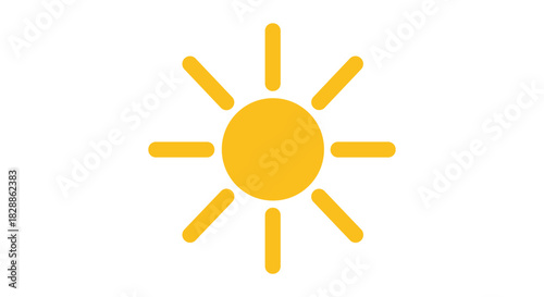 A simple, bright, and warm sun icon with eight radiating rays centered on a pristine white background, representing summer, warmth, and light.