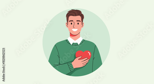 A smiling young man in a green sweater sincerely holds a bright red heart to his chest, symbolizing love, care, and compassion on a light green background.