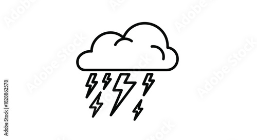 A minimalist black and white line art icon depicting a storm cloud with multiple lightning bolts, symbolizing a thunderstorm or severe weather.