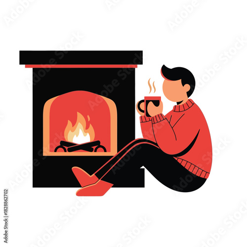 Relaxing by a warm fireplace with a steaming cup during winter season