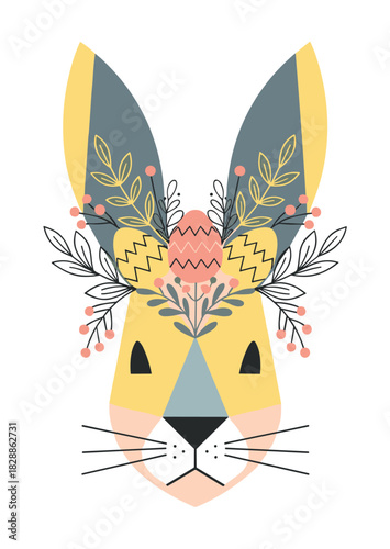 Stylized easter bunny head illustration with a decorative floral wreath and a pink patterned egg on its forehead in a modern, minimalist scandinavian graphic style