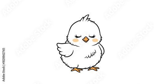 A charming cartoon white chick with closed eyes and rosy cheeks stands peacefully, exuding cuteness and tranquility.
