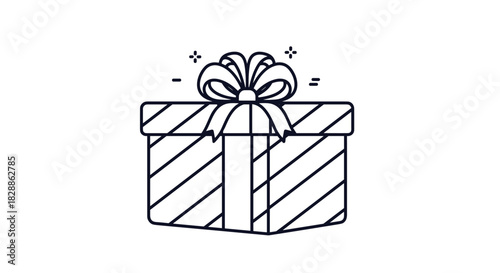 A charming line art illustration of a gift box adorned with a decorative bow and sparkling accents, perfect for celebrating special occasions.