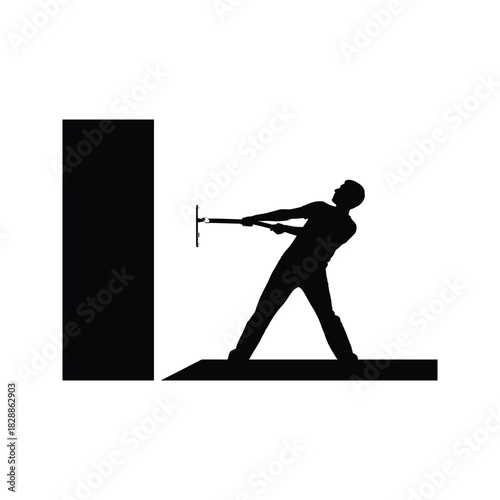 Silhouette of a determined man pulling a lever with all his might against a stark white background