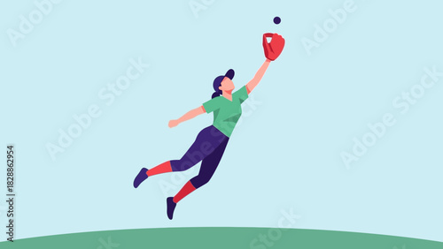 Dynamic softball player leaps to catch ball, showcasing athleticism and precision, perfect for sports, teamwork and determination themed visuals or projects